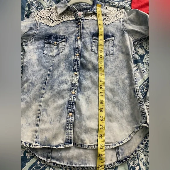 ❤️😍Panhandle Acid Wash Blue Tye Dye White Laced Collard Blue Jean Button Down - Picture 8 of 11